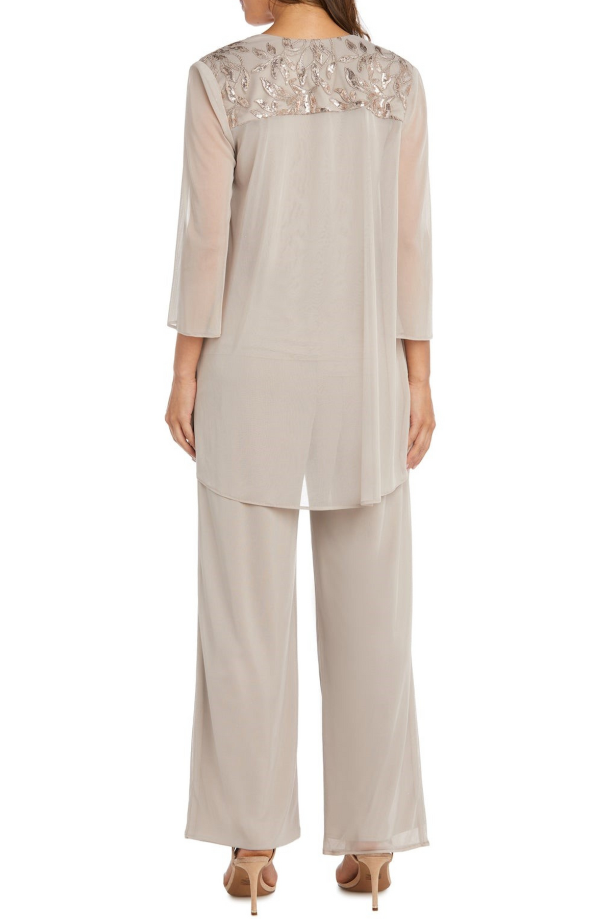 Champagne 3-Piece Embroidered Sequin Pants Set with Sleeveless and Beaded Detail by R&M Richards 42734