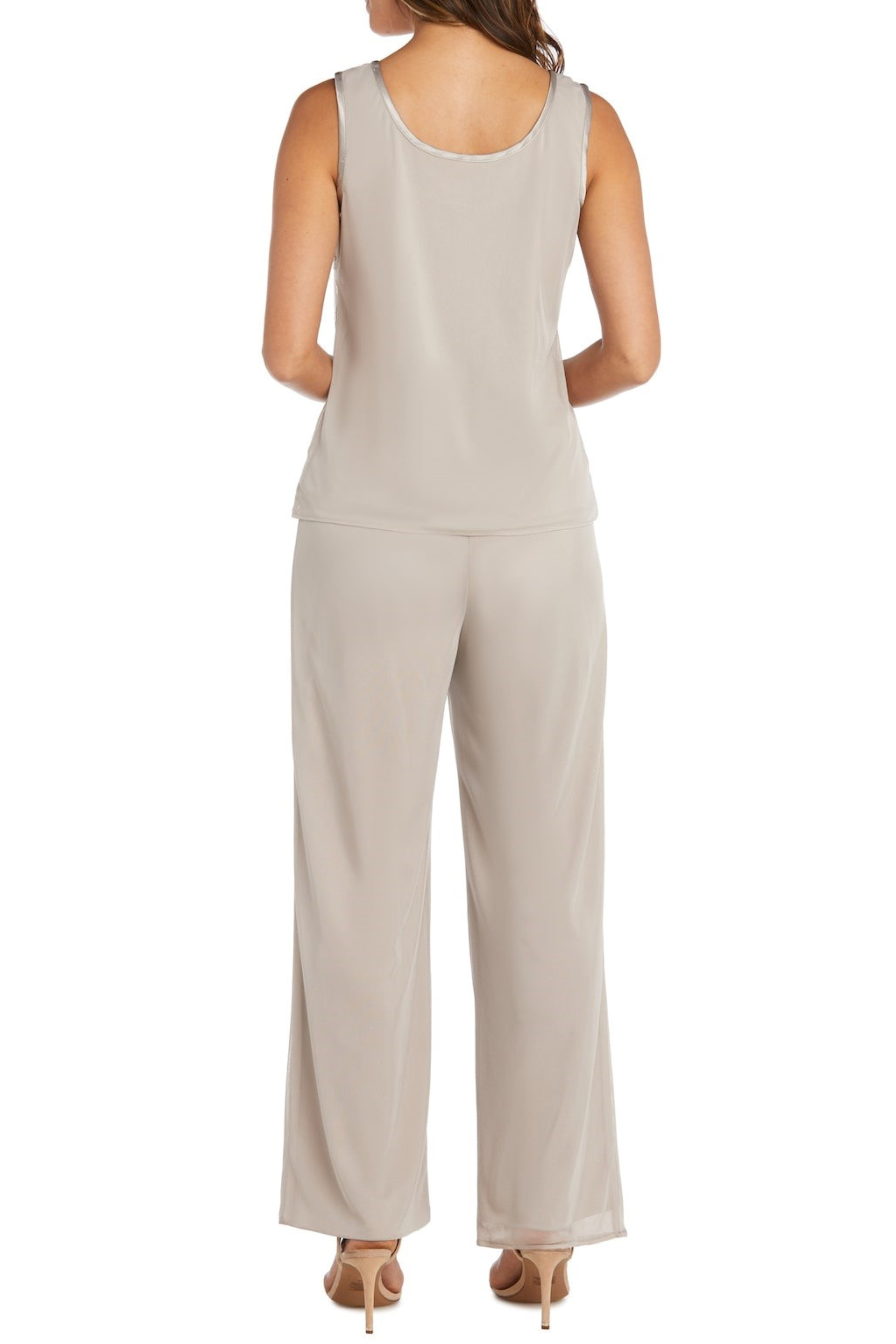Champagne 3-Piece Embroidered Sequin Pants Set with Sleeveless and Beaded Detail by R&M Richards 42734