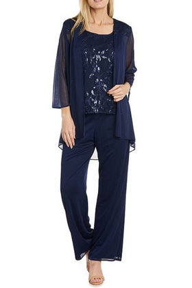 Navy 3-Piece Embroidered Sequin Pants Set with Sleeveless and Beaded Detail by R&M Richards 42734