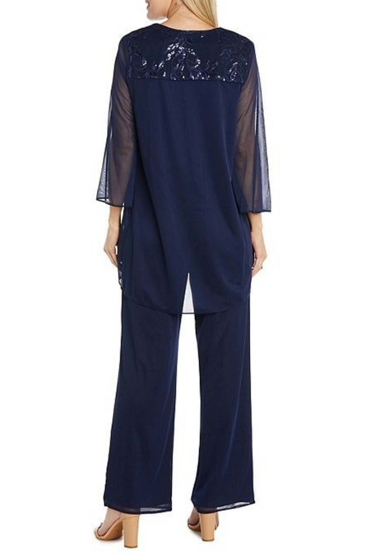 Navy 3-Piece Embroidered Sequin Pants Set with Sleeveless and Beaded Detail by R&M Richards 42734