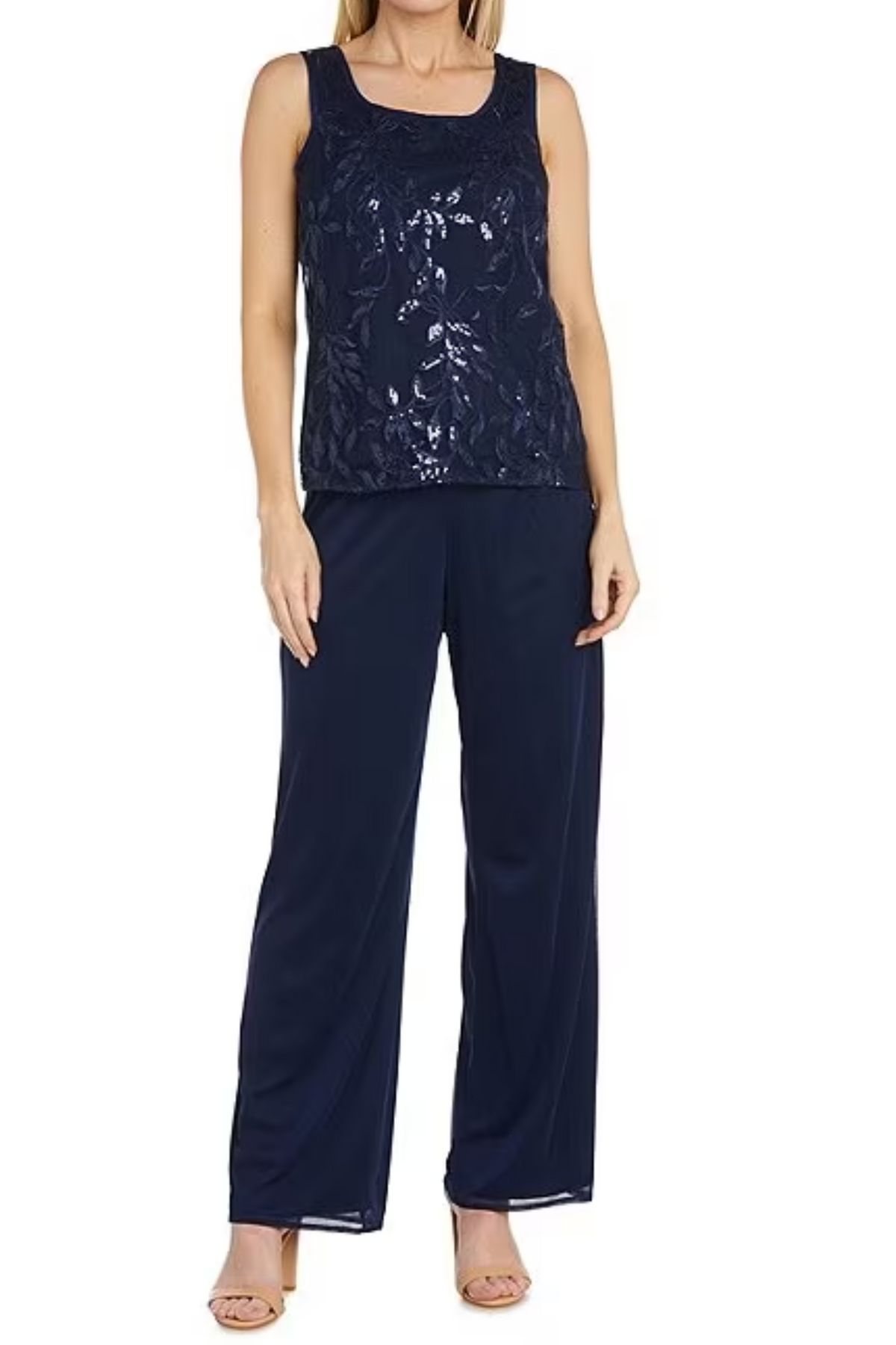 Navy 3-Piece Embroidered Sequin Pants Set with Sleeveless and Beaded Detail by R&M Richards 42734