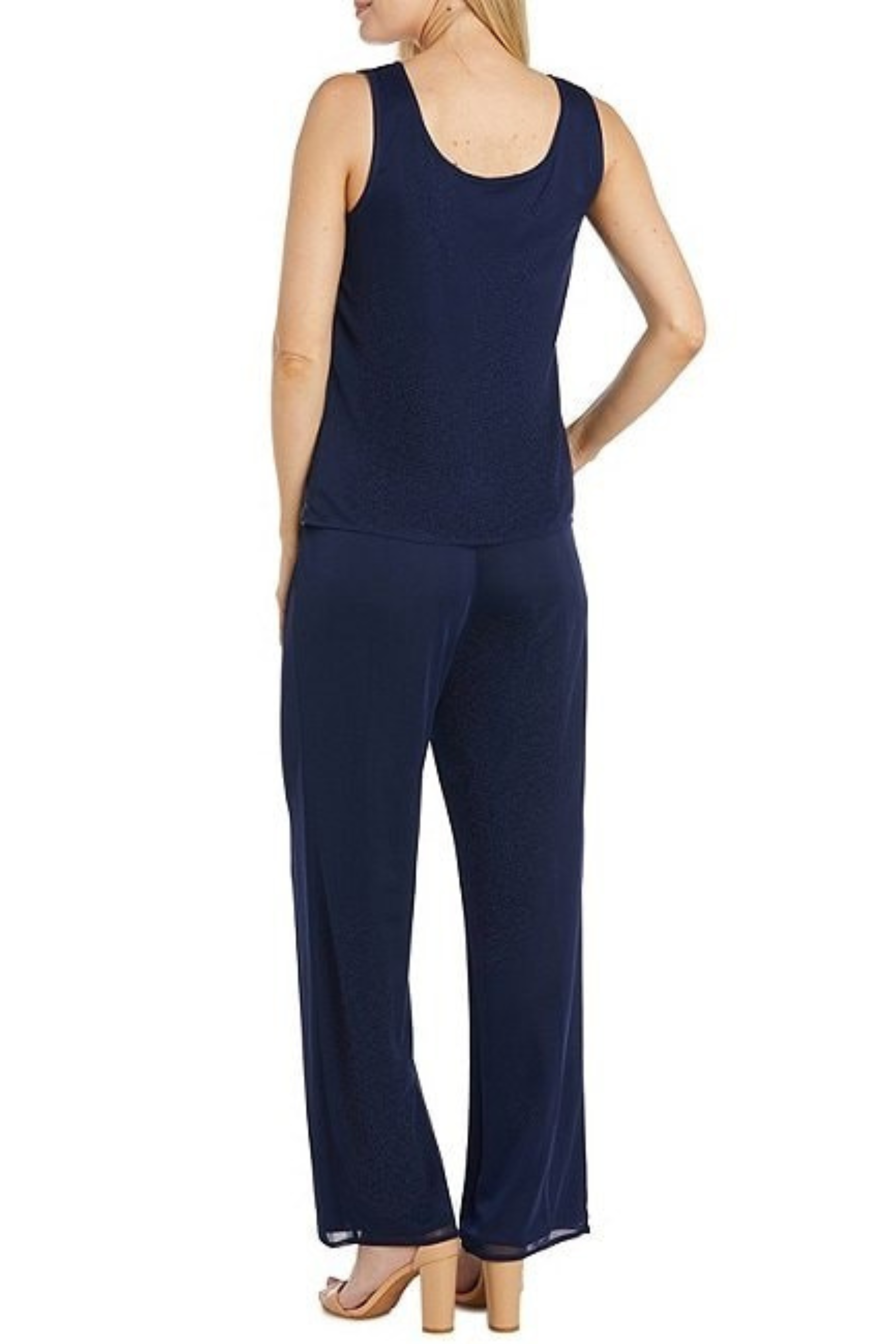 Navy 3-Piece Embroidered Sequin Pants Set with Sleeveless and Beaded Detail by R&M Richards 42734