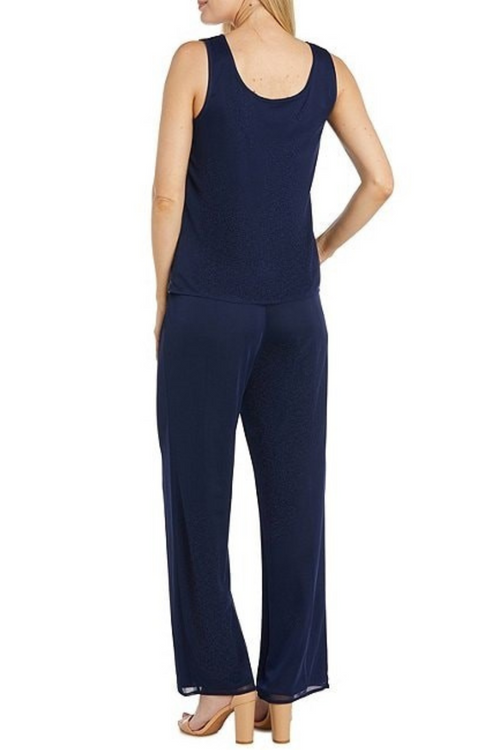 Navy 3-Piece Embroidered Sequin Pants Set with Sleeveless and Beaded Detail by R&M Richards 42734