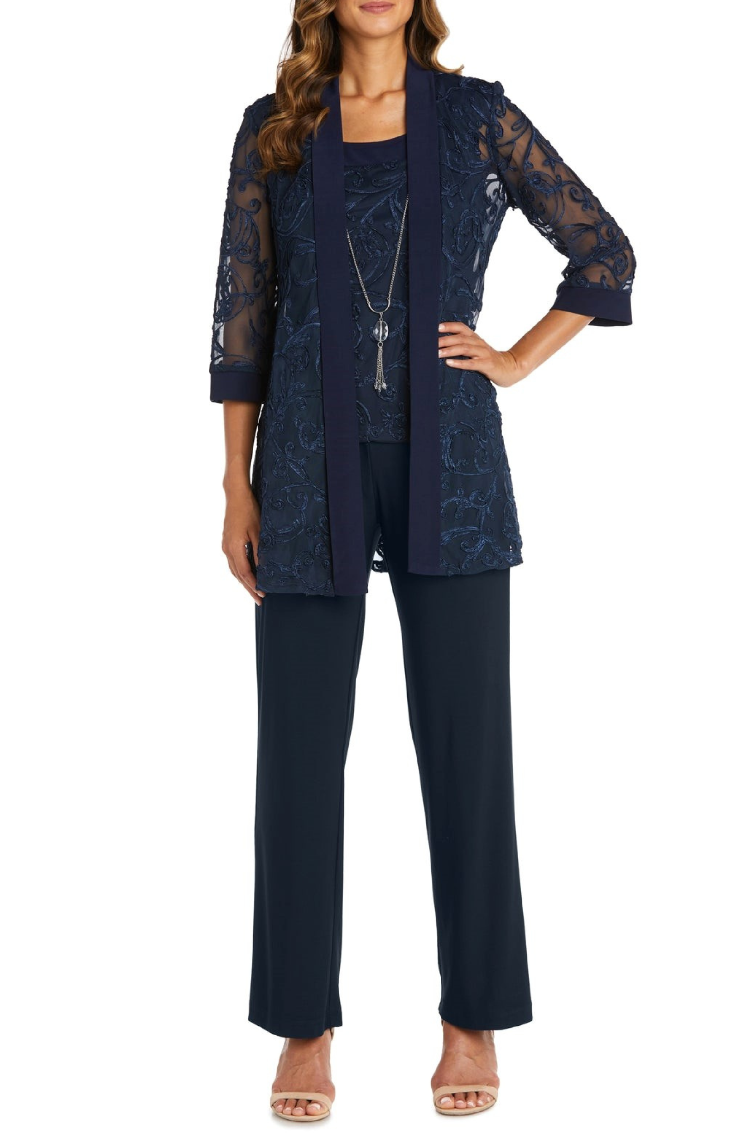 Navy Soutache Embroidered 2-Piece Suit with 3/4 Sleeve, Pant Set, and Lace Detail by R&M Richards 5012