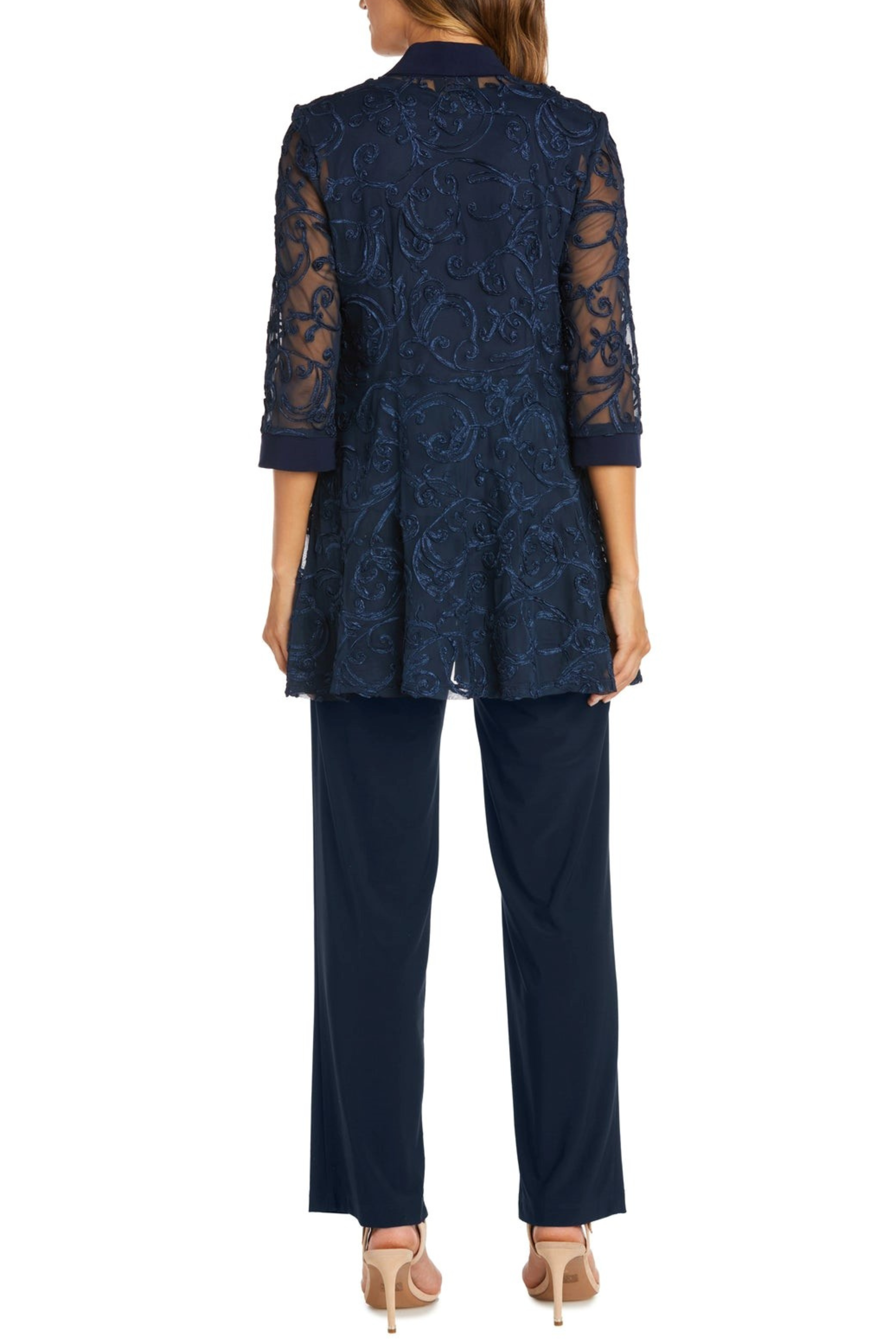 Navy Soutache Embroidered 2-Piece Suit with 3/4 Sleeve, Pant Set, and Lace Detail by R&M Richards 5012