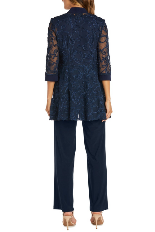 Navy Soutache Embroidered 2-Piece Suit with 3/4 Sleeve, Pant Set, and Lace Detail by R&M Richards 5012