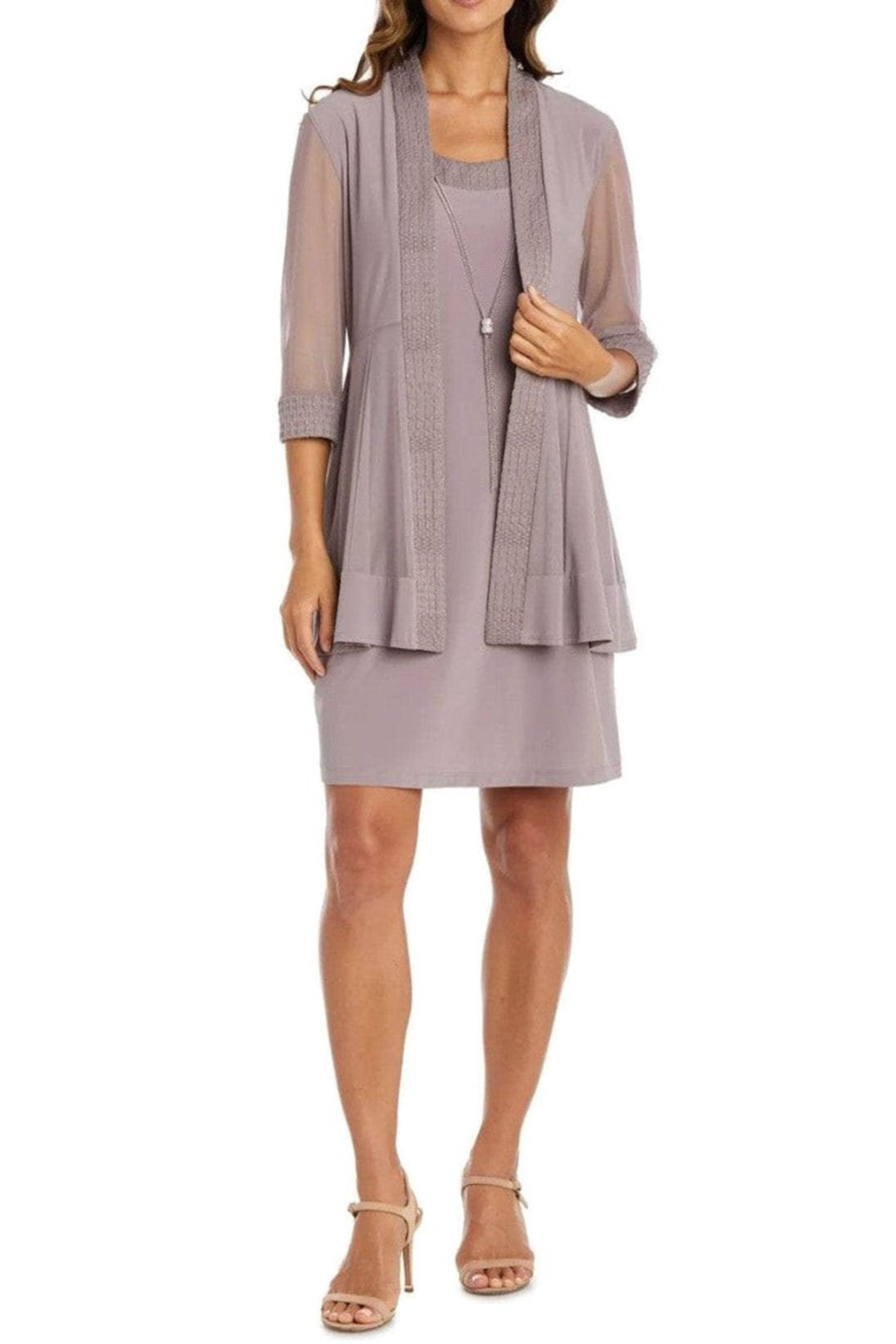 Mauve 2-Piece Short Evening Jacket Dress with Sleeveless, Scoop Neck, and Lace Detail by R&M Richards 5394