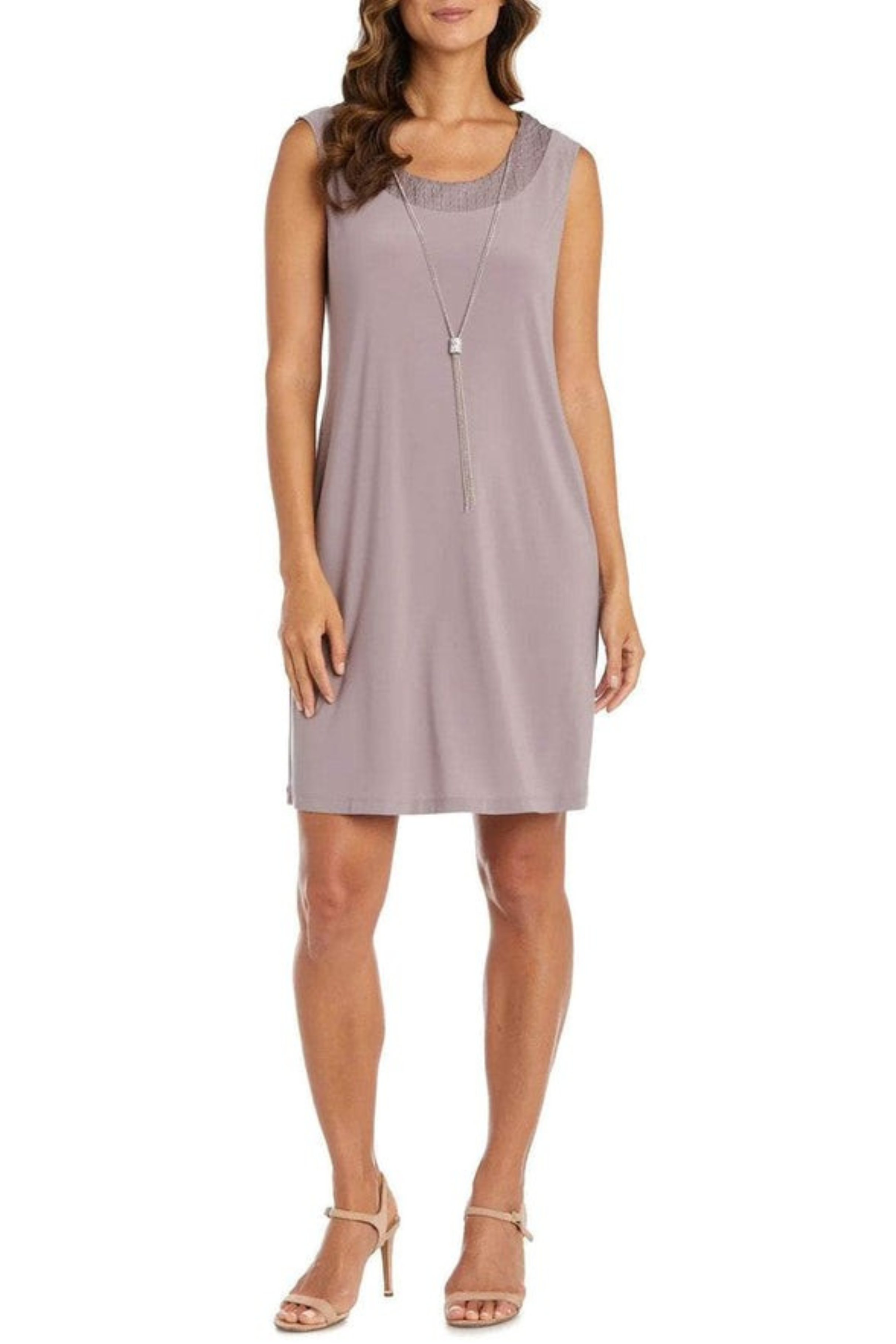 Mauve 2-Piece Short Evening Jacket Dress with Sleeveless, Scoop Neck, and Lace Detail by R&M Richards 5394