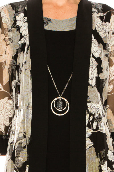 Black Taupe Floral 2 Piece Jacket Dress with Removable Jewelry Detail and Coordinating Jacket by R&M Richards 5893