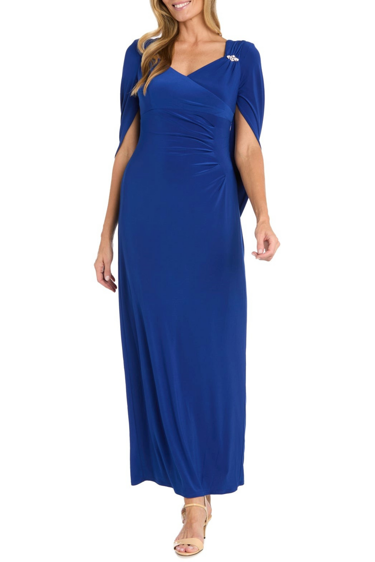Indigo Draped Shawl Sleeve Long Evening Dress with Rhinestone Detail, Ruched Detail, and Pleated Detail by R&M Richards 5899