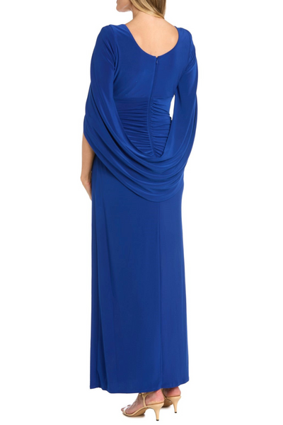 Indigo Draped Shawl Sleeve Long Evening Dress with Rhinestone Detail, Ruched Detail, and Pleated Detail by R&M Richards 5899