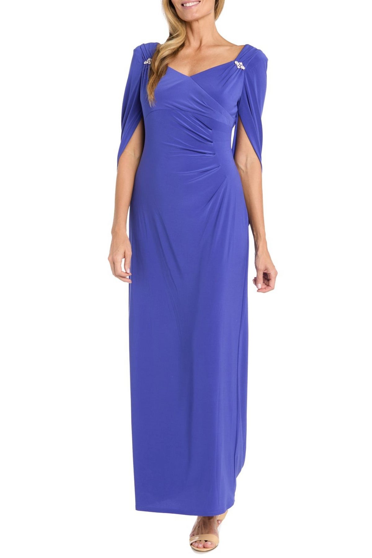 Violet Draped Shawl Sleeve Long Evening Dress with Rhinestone Detail, Ruched Detail, and Pleated Detail by R&M Richards 5899