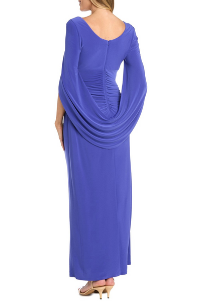 Violet Draped Shawl Sleeve Long Evening Dress with Rhinestone Detail, Ruched Detail, and Pleated Detail by R&M Richards 5899