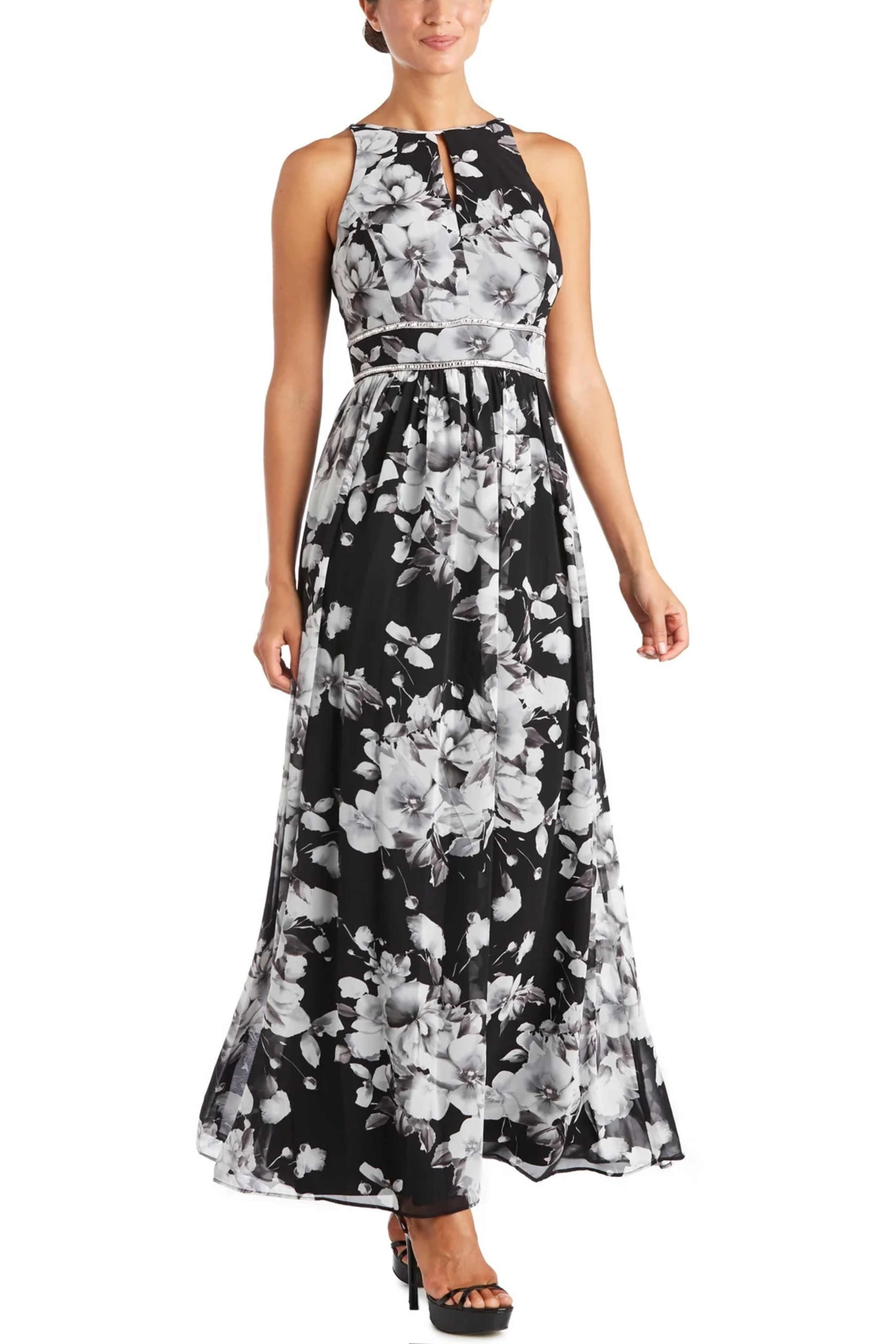 r&m richards dress RM High Neck Embellished Waist Evening Gown What Color Jewelry Burgundy Measuring approximately 58 inches Moda Color:Iridescent Ocean
