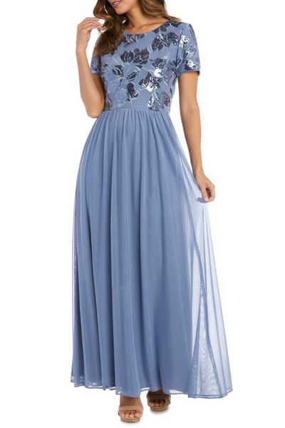 R&M Richards Short Sleeve Sequin Long Evening Gown