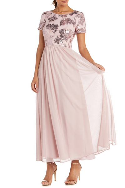 R&M Richards Short Sleeve Sequin Long Evening Gown