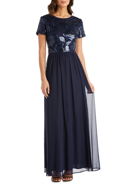 R&M Richards Short Sleeve Sequin Long Evening Gown