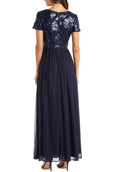 R&M Richards Short Sleeve Sequin Long Evening Gown
