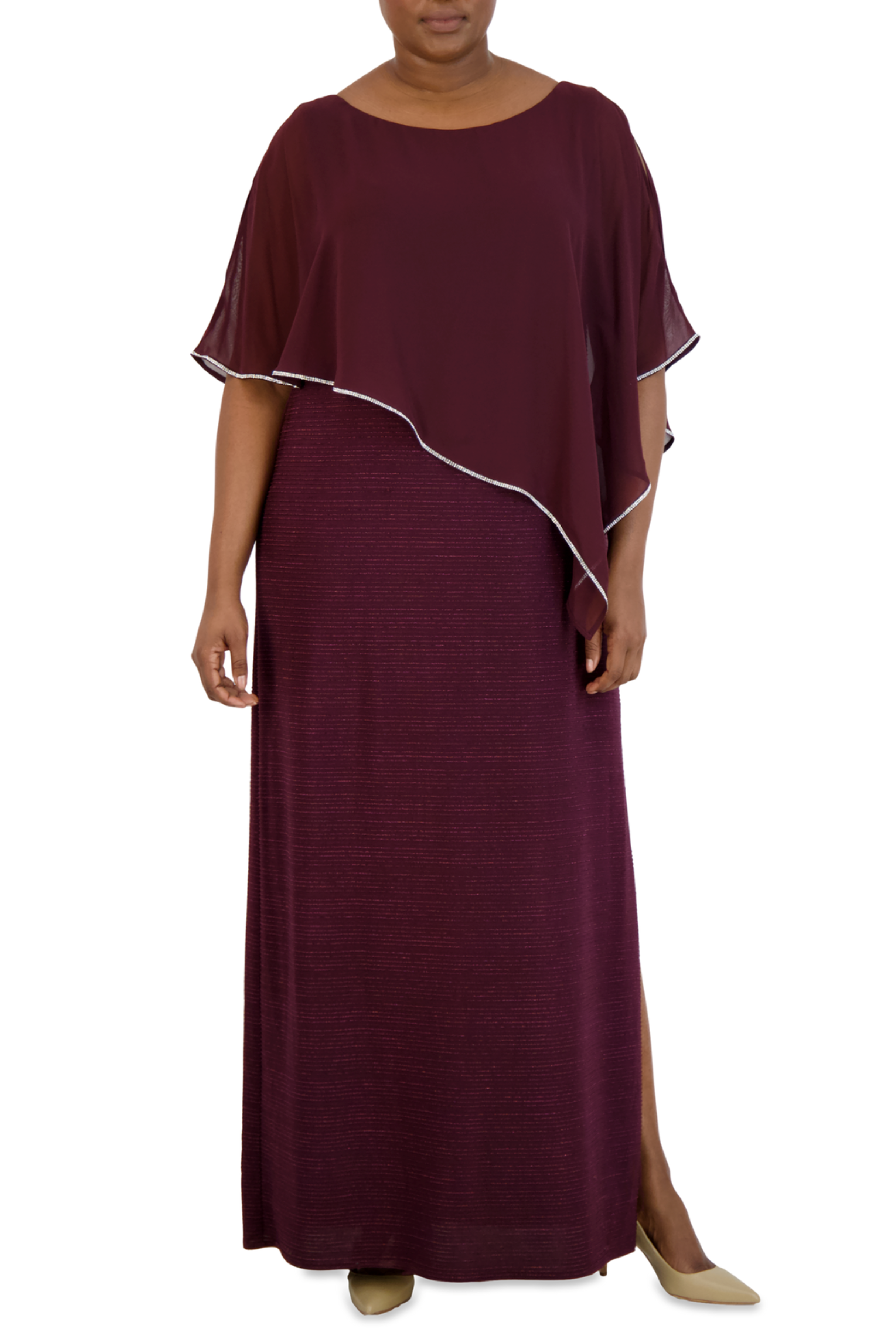 Burgundy Sheer Cape Evening Dress with Sleeveless by R&M Richards 7076