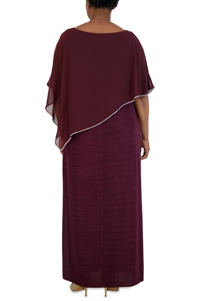 Burgundy Sheer Cape Long Evening Dress with Sleeveless, Rhinestone Detail, and Sparkle Detail by R&M Richards 7076
