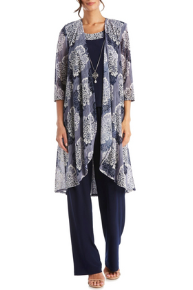 Navy White Paisley 3-Piece Pants Set with Removable Jewelry Detail and Pant Set by R&M Richards 7258