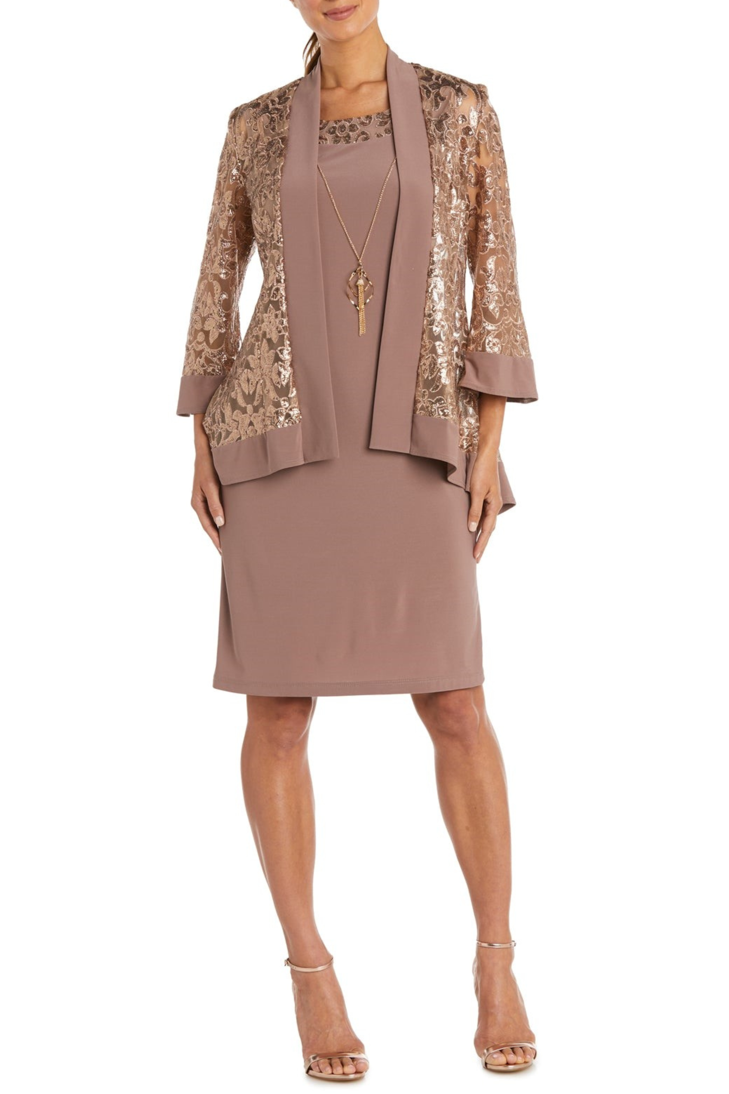Evening 2 Piece Jacket Dress with Sequin Detail, Lace Detail, and Necklace Detail by R&M Richards 7387