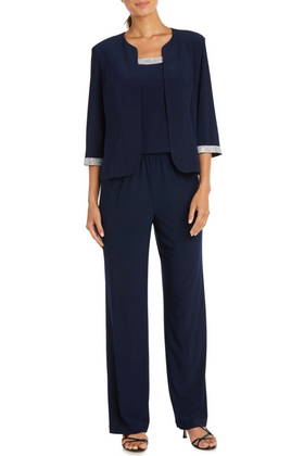 Navy Embellished 3-Piece Jacket Dress with 3/4 Sleeve, Pant Set, and Beaded Detail by R&M Richards 7449