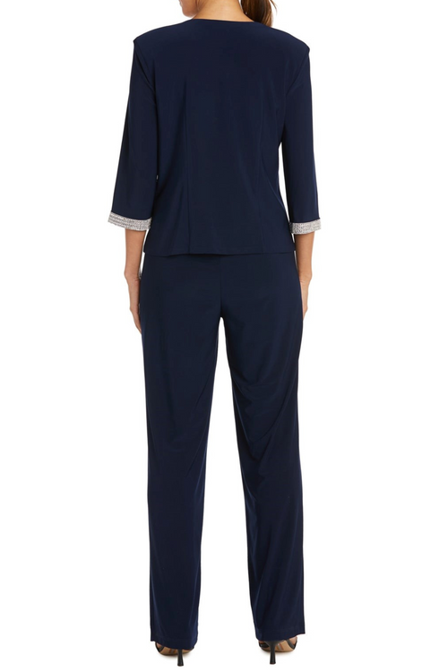 Navy Embellished 3-Piece Jacket Dress with 3/4 Sleeve, Pant Set, and Beaded Detail by R&M Richards 7449