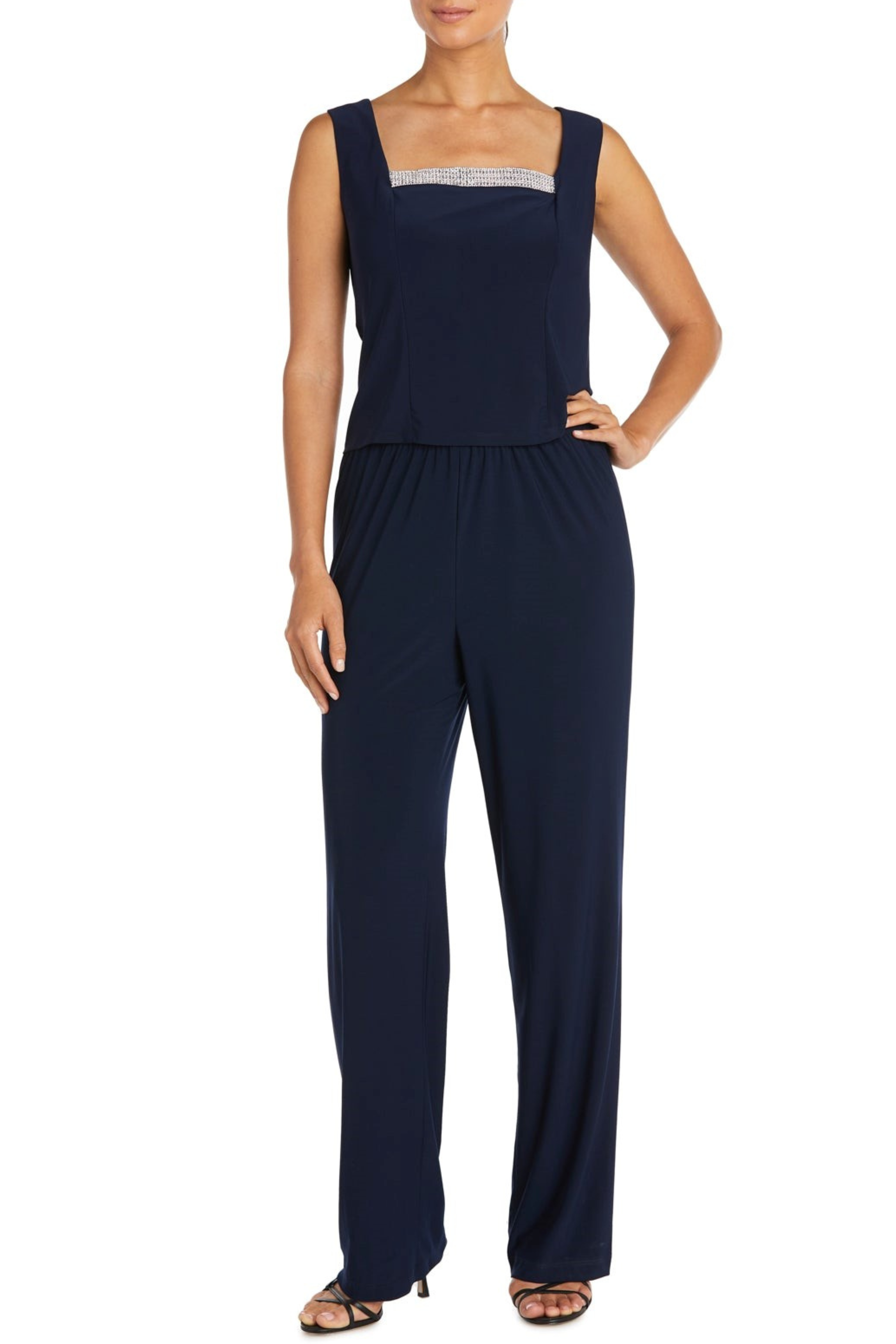 Navy Embellished 3-Piece Jacket Dress with 3/4 Sleeve, Pant Set, and Beaded Detail by R&M Richards 7449