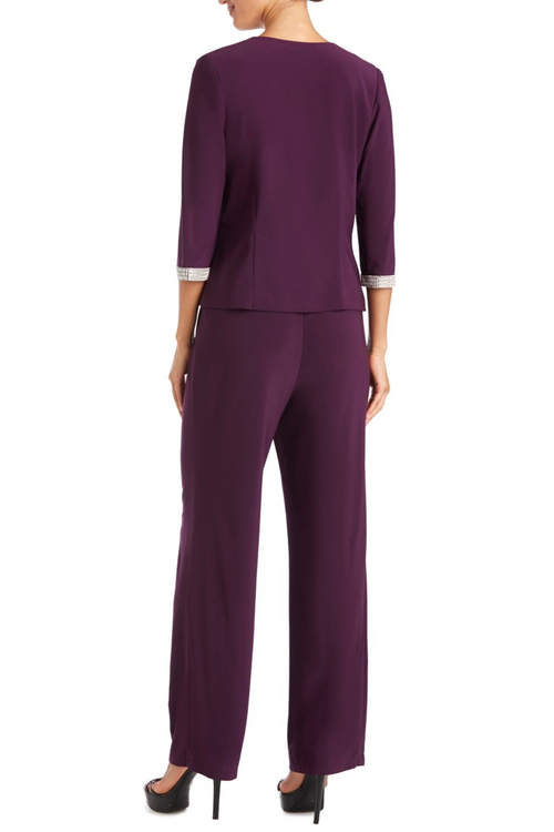 Plum Embellished 3-Piece Jacket Dress with 3/4 Sleeve, Pant Set, and Beaded Detail by R&M Richards 7449