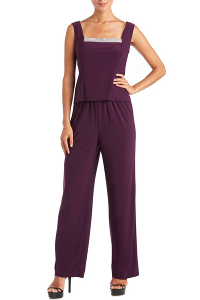 Plum Embellished 3-Piece Jacket Dress with 3/4 Sleeve, Pant Set, and Beaded Detail by R&M Richards 7449