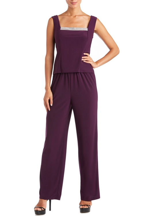 Plum Embellished 3-Piece Jacket Dress with 3/4 Sleeve, Pant Set, and Beaded Detail by R&M Richards 7449