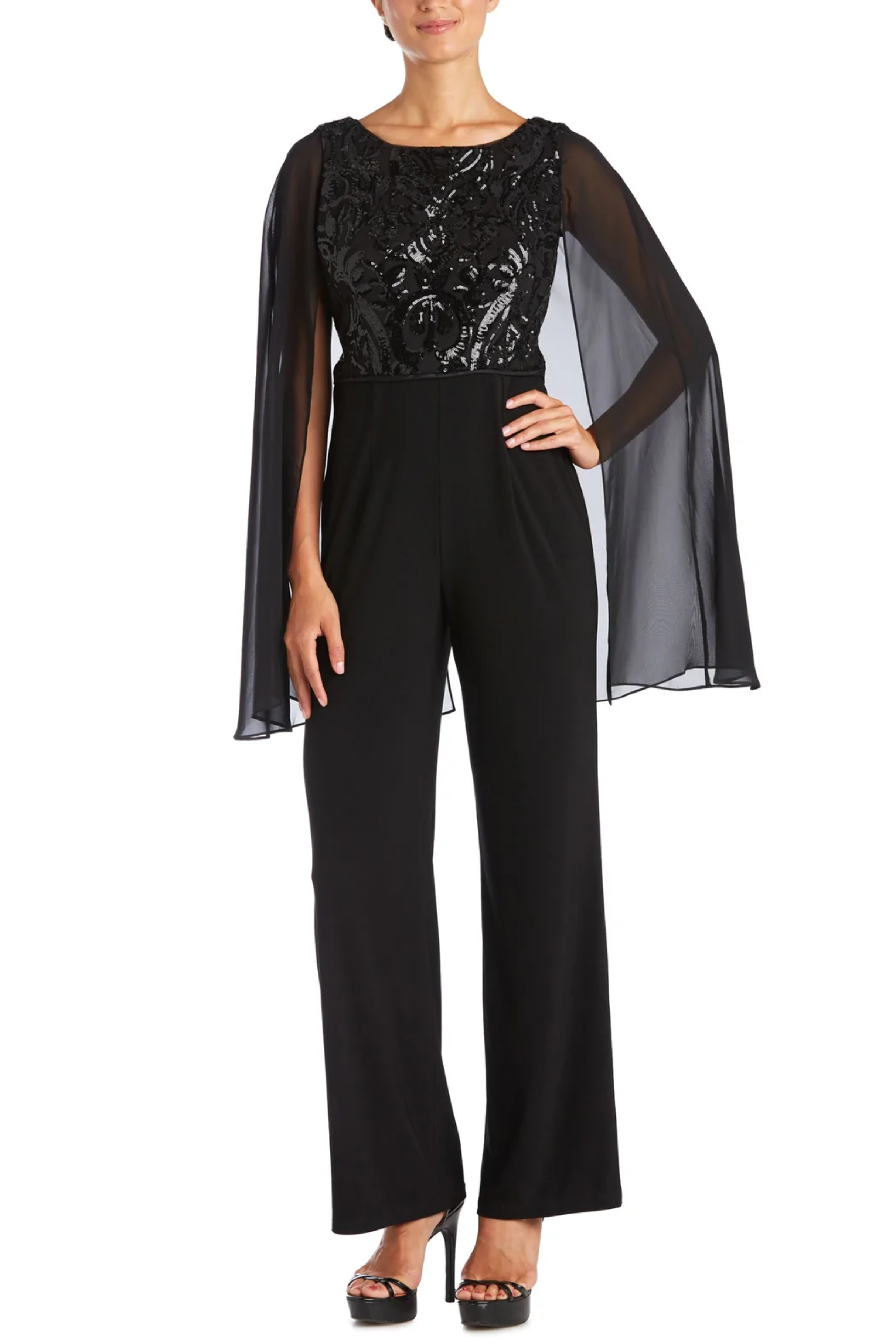 Formal Capelet Jumpsuit with Sequin Detail and Jersey by R&M Richards 7539