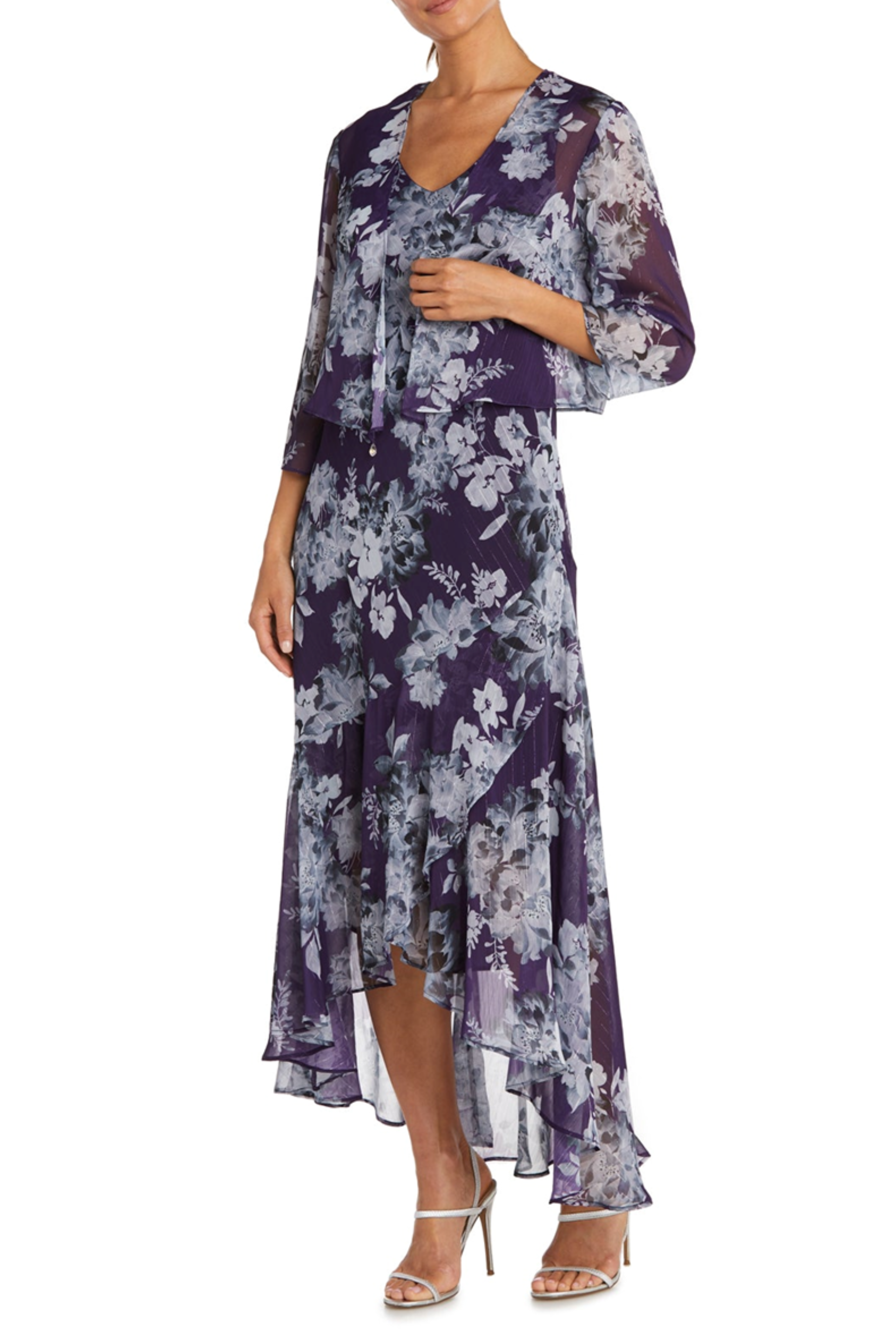 Purple Metallic Floral High Low Jacket Dress with 3/4 Sleeve, V-Neck, and Ruffle Detail by R&M Richards 7973