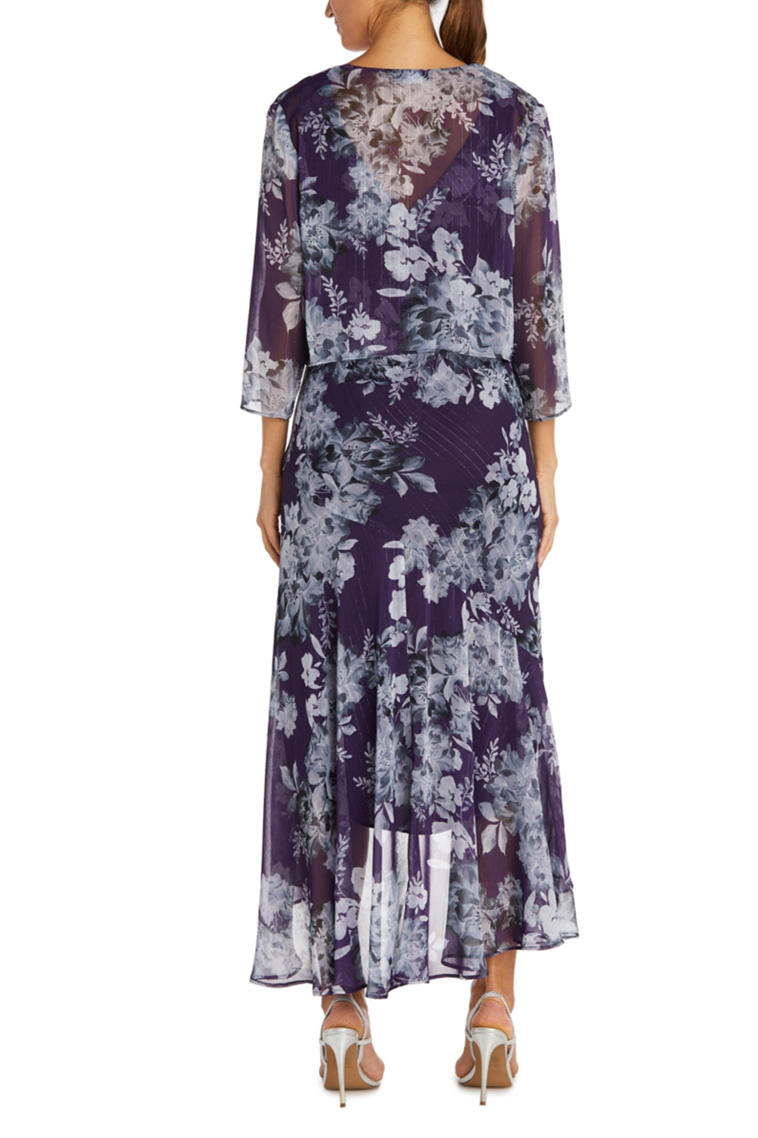 Purple Metallic Floral High Low Jacket Dress with 3/4 Sleeve, V-Neck, and Ruffle Detail by R&M Richards 7973