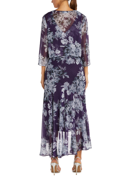 Purple Metallic Floral High Low Jacket Dress with 3/4 Sleeve, V-Neck, and Ruffle Detail by R&M Richards 7973