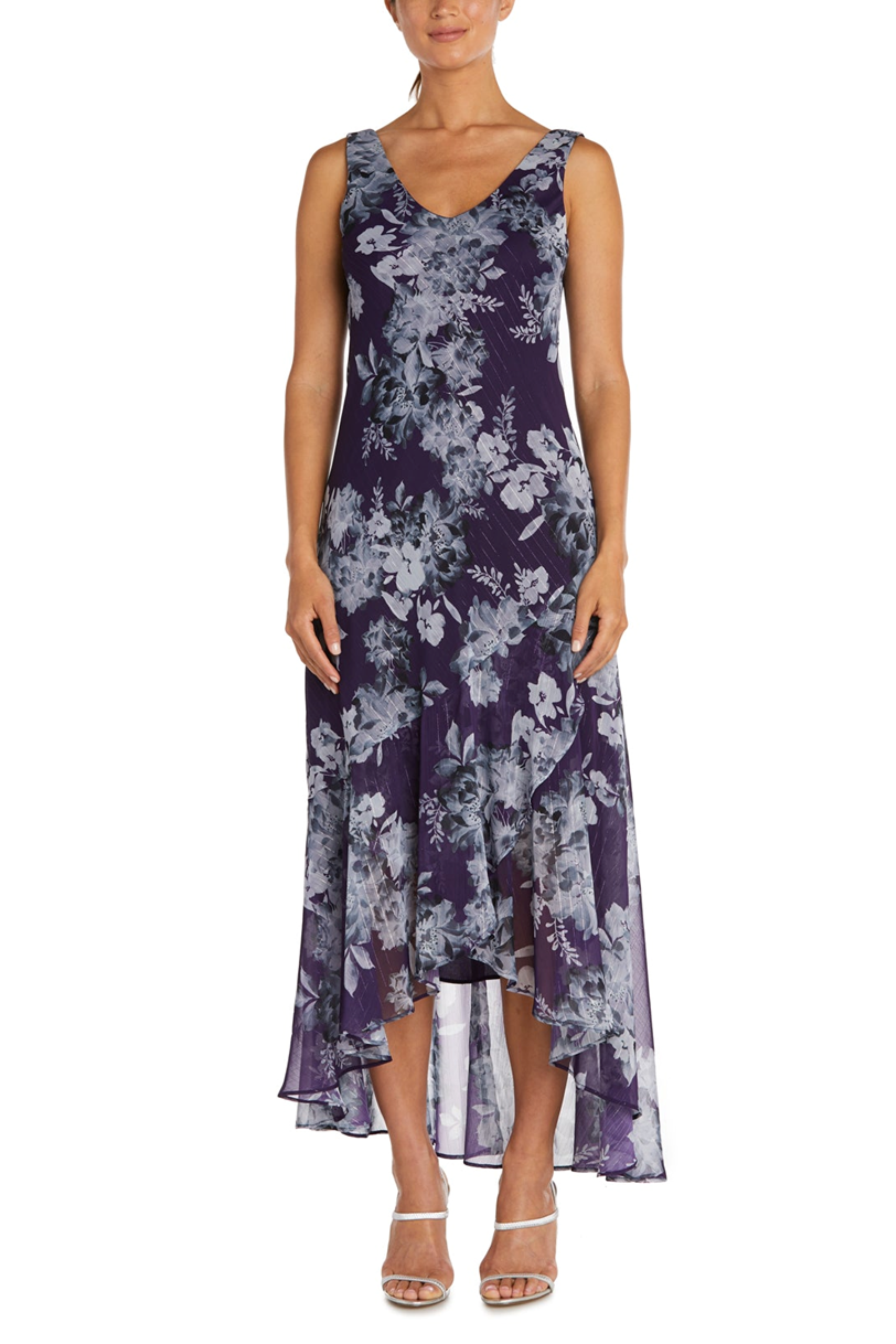 Purple Metallic Floral High Low Jacket Dress with 3/4 Sleeve, V-Neck, and Ruffle Detail by R&M Richards 7973