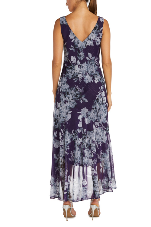 Purple Metallic Floral High Low Jacket Dress with 3/4 Sleeve, V-Neck, and Ruffle Detail by R&M Richards 7973