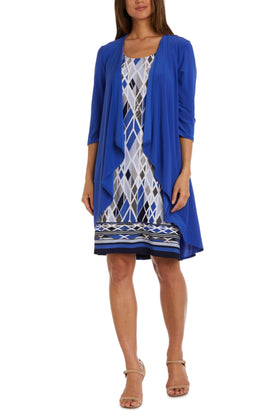 Blue Berry Multi Print 2 Piece Jacket Dress with Lace Detail and Necklace Detail by R&M Richards 7987
