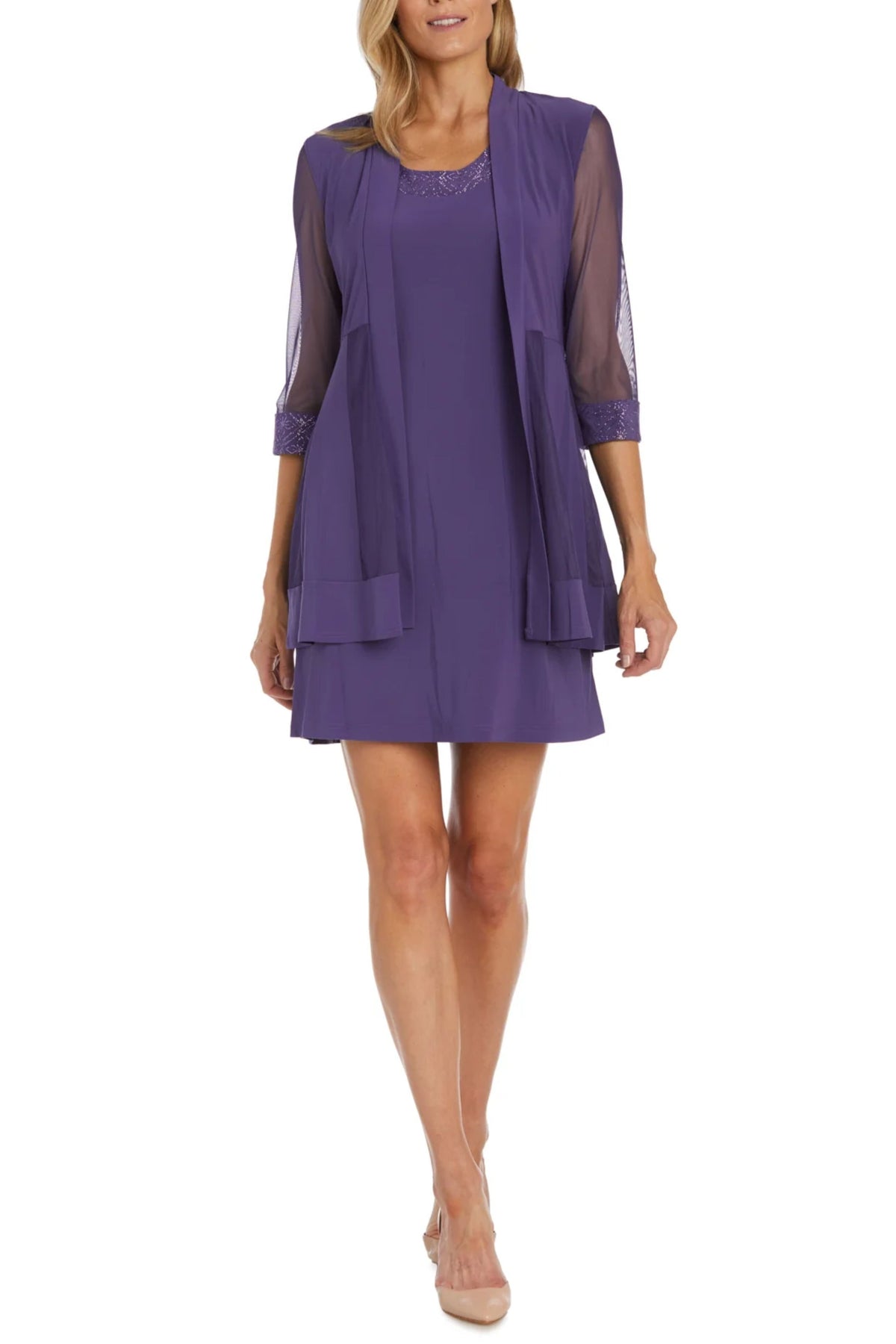 Lavender Sparkle Mesh Knee-Length Jacket Dress with Sleeveless, Scoop Neck, and Metallic Finish by R&M Richards 8271