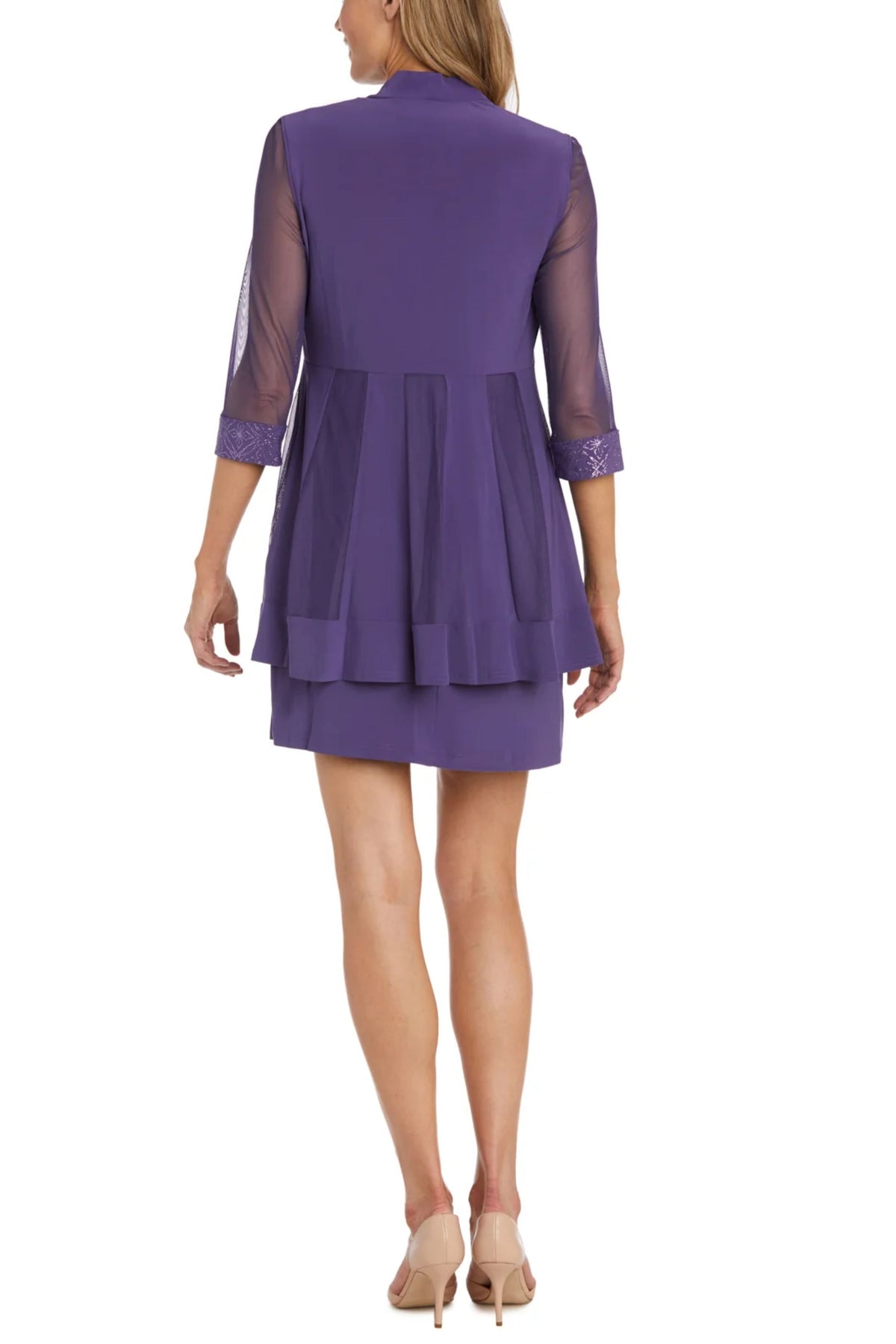 Lavender Sparkle Mesh Knee-Length Jacket Dress with Sleeveless, Scoop Neck, and Metallic Finish by R&M Richards 8271