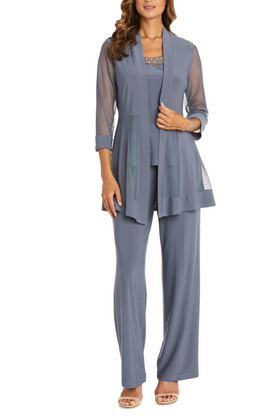 Charcoal Embellished Neck 2-Piece Pants Suit with Sleeveless, Round Neck, and Beaded Detail by R&M Richards 8764