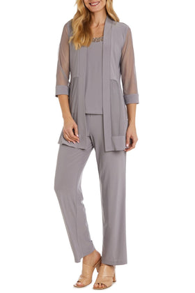 Granite Embellished Neck 2-Piece Pants Suit with Round Neck, Beaded Detail, and Rhinestone Detail by R&M Richards 8764