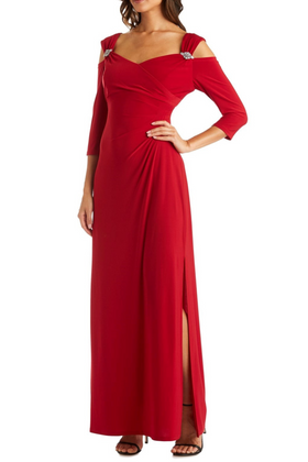 Red Cold Shoulder Long Evening Dress with Rhinestone Detail, Ruched Detail, and Pleated Detail by R&M Richards 8950