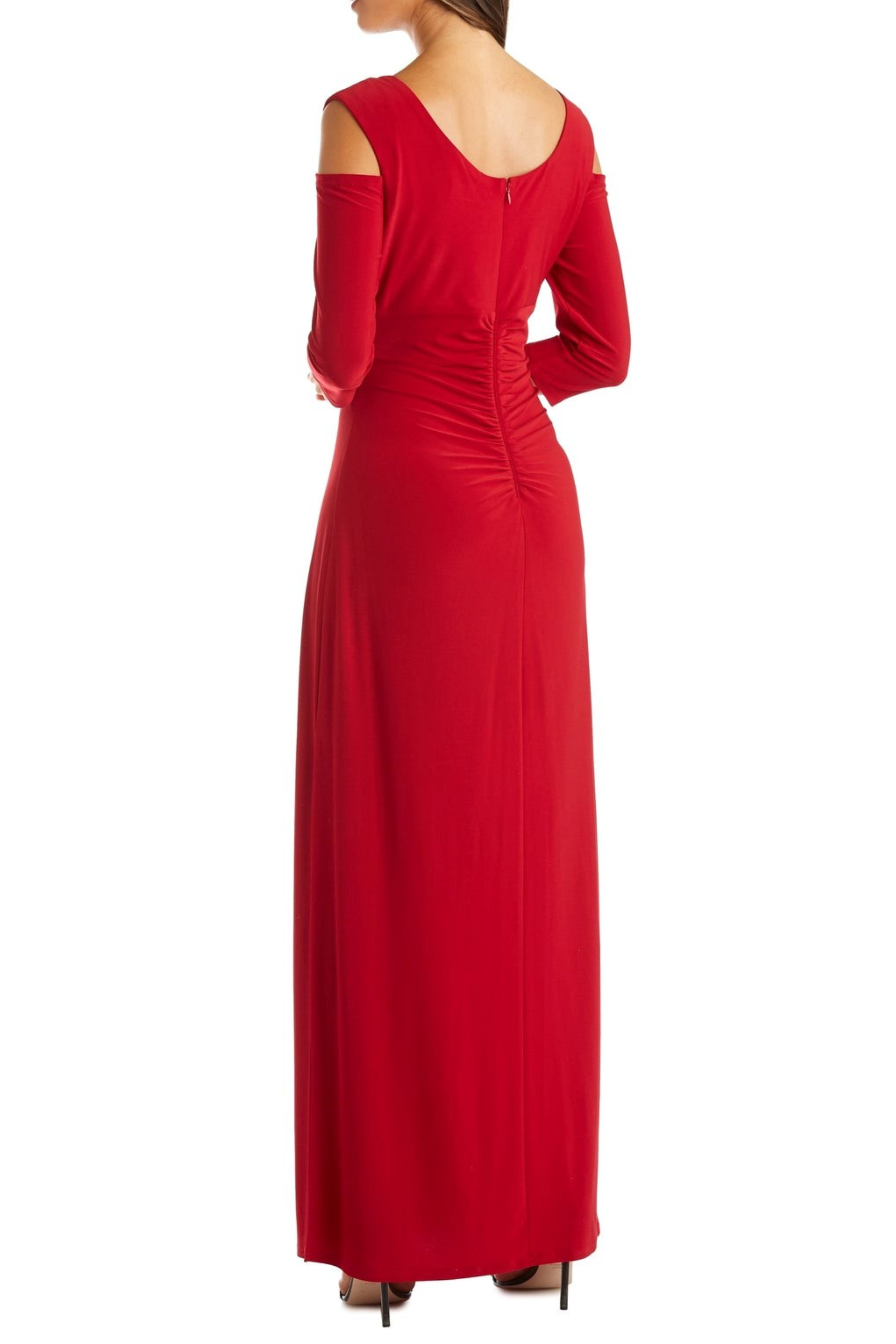 Red Cold Shoulder Long Evening Dress with Rhinestone Detail, Ruched Detail, and Pleated Detail by R&M Richards 8950