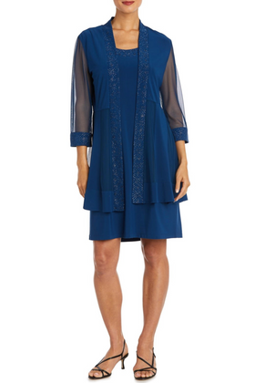 Shimmery 3/4 Sleeve Jacket Dress with Scoop Neck, Metallic Finish, and Sparkle Detail by R&M Richards 8993