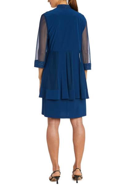 Shimmery 3/4 Sleeve Jacket Dress with Scoop Neck, Metallic Finish, and Sparkle Detail by R&M Richards 8993