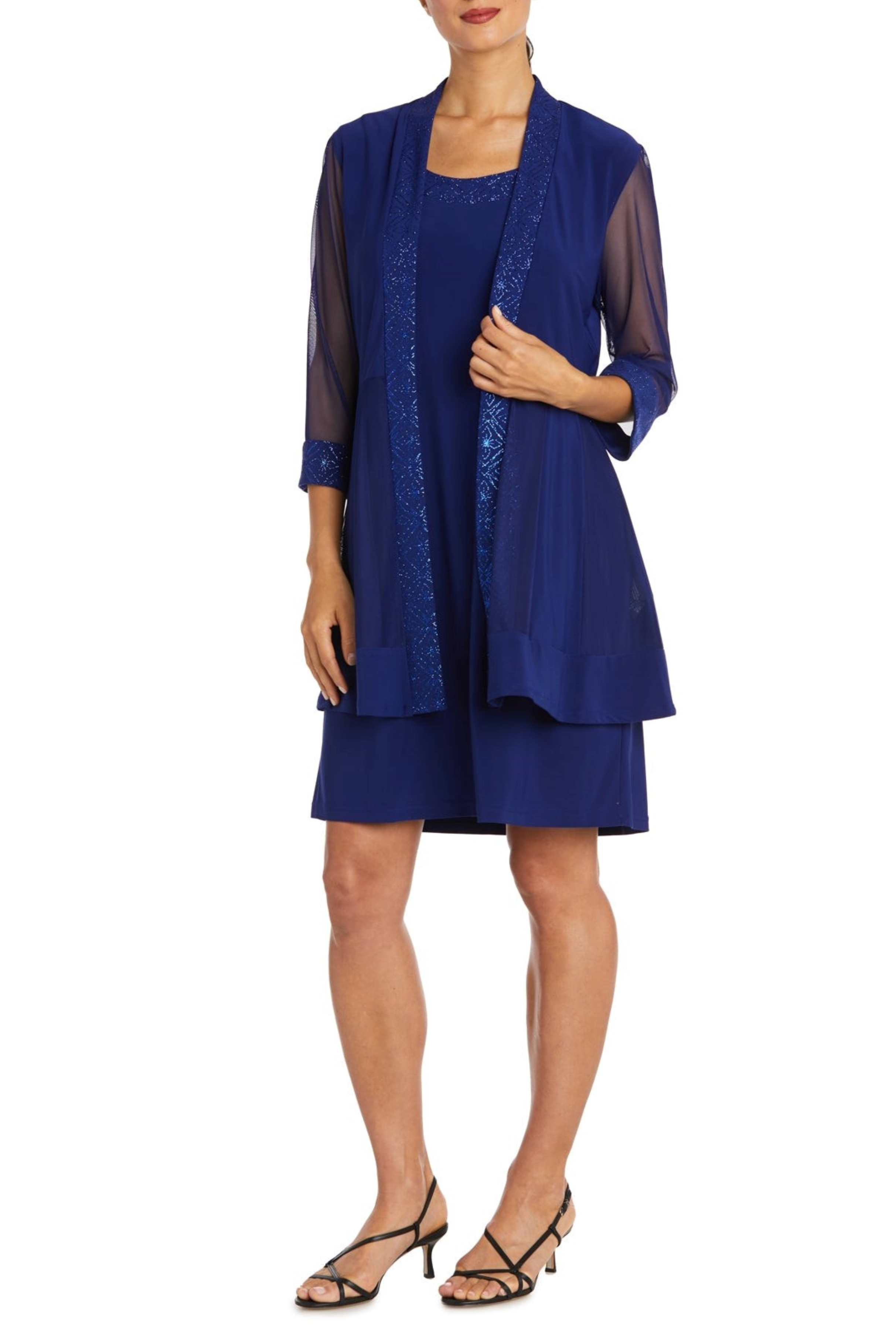 Shimmery 3/4 Sleeve Jacket Dress with Scoop Neck, Metallic Finish, and Sparkle Detail by R&M Richards 8993