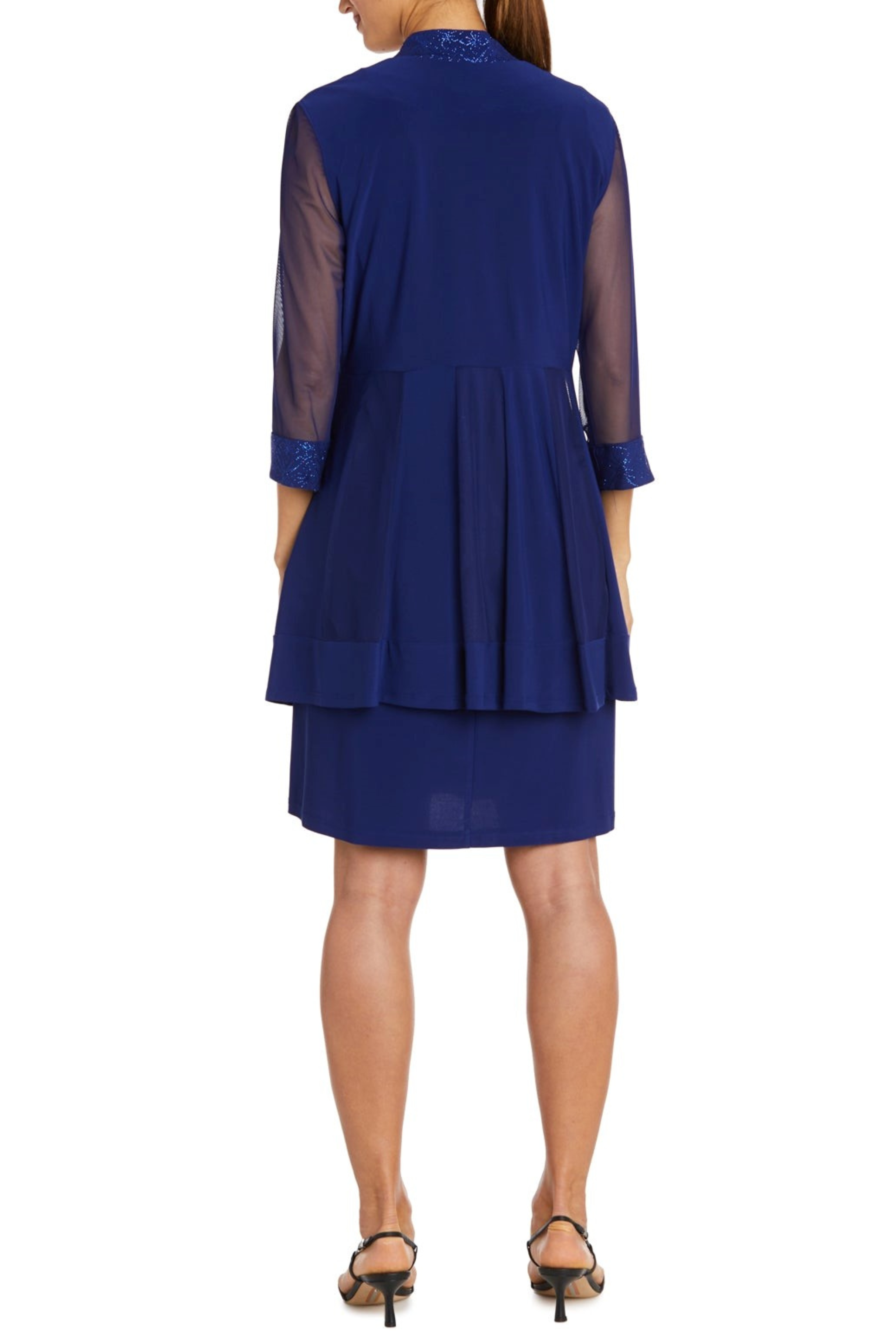 Shimmery 3/4 Sleeve Jacket Dress with Scoop Neck, Metallic Finish, and Sparkle Detail by R&M Richards 8993