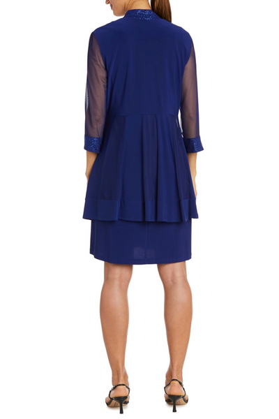 Shimmery 3/4 Sleeve Jacket Dress with Scoop Neck, Metallic Finish, and Sparkle Detail by R&M Richards 8993